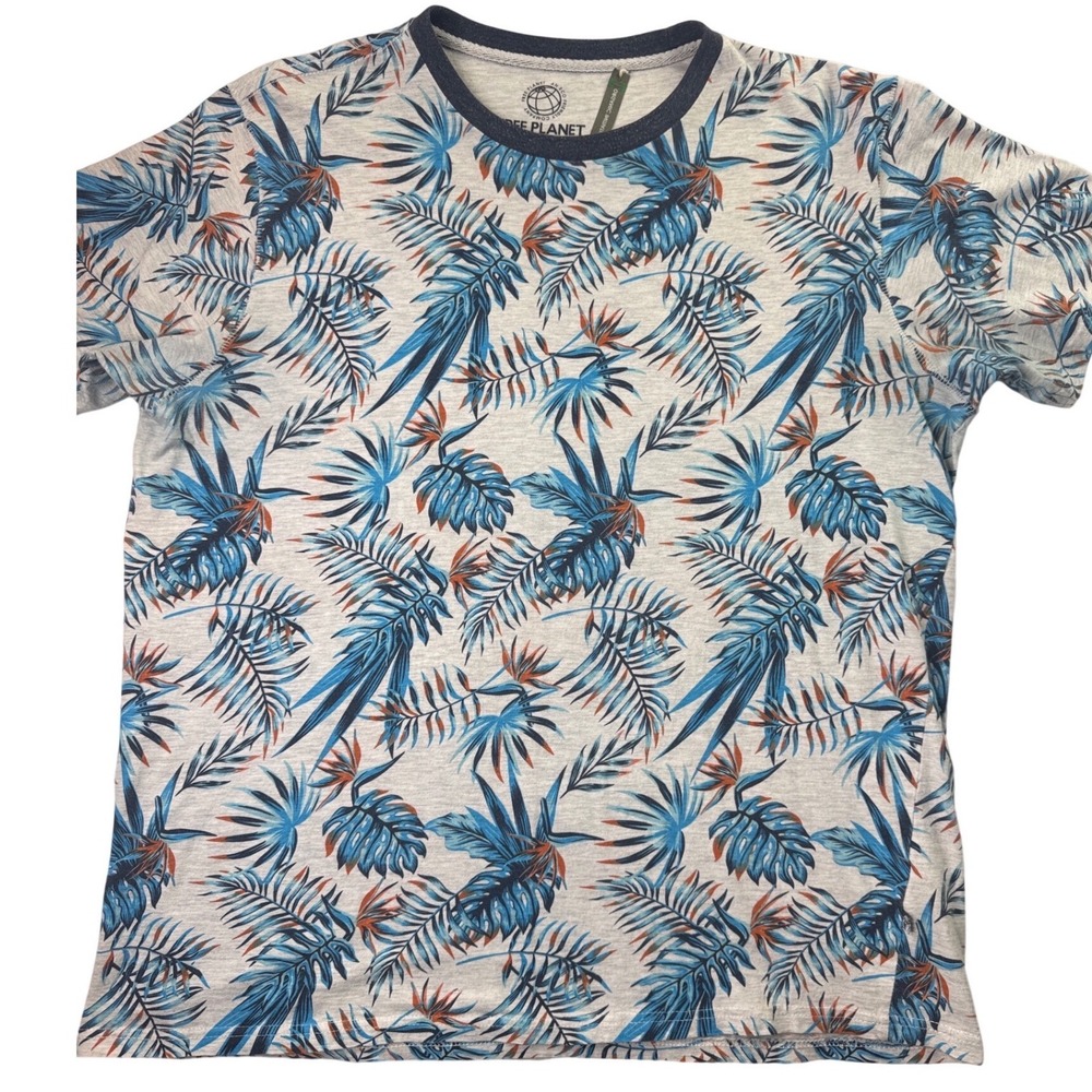 Free Planet Mens XL Tropical Palm Leaf Organic Cotton Ringer T-Shirt Vacation